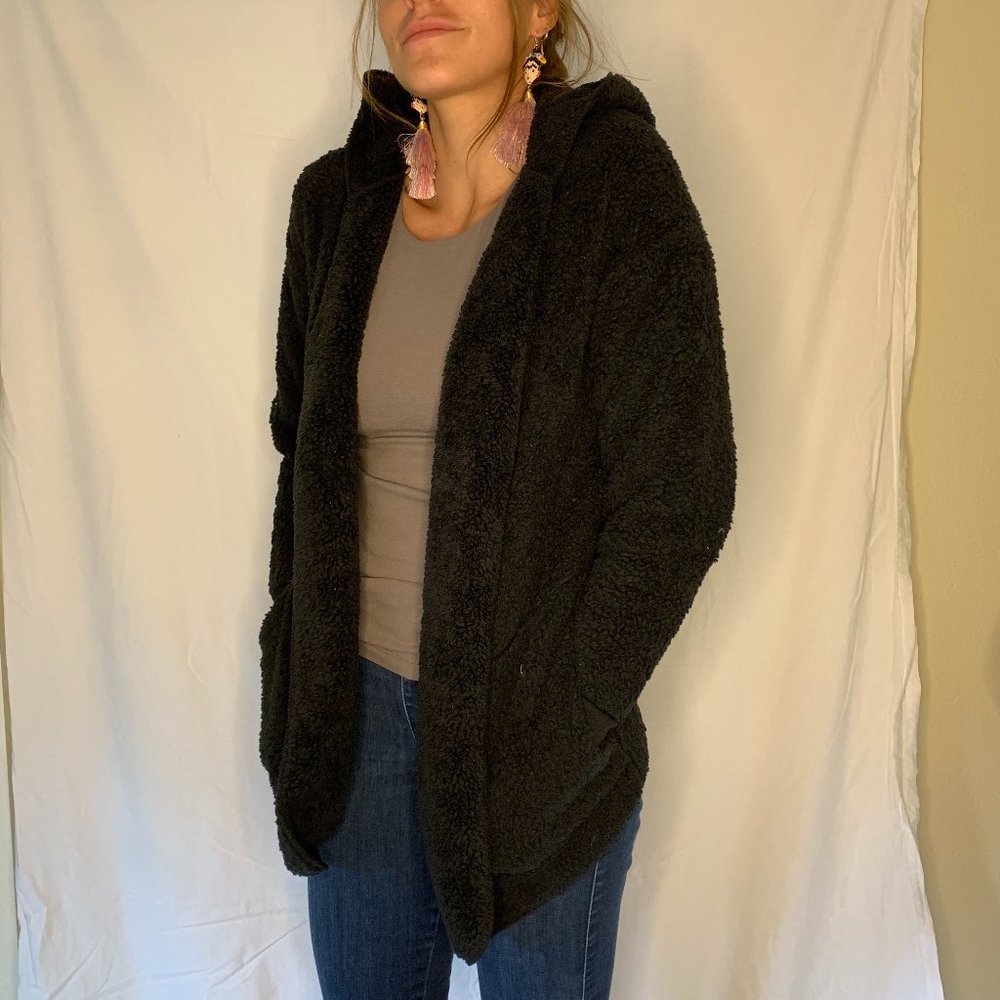 Black Fluffy Teddy Hooded Cardigan With Pockets